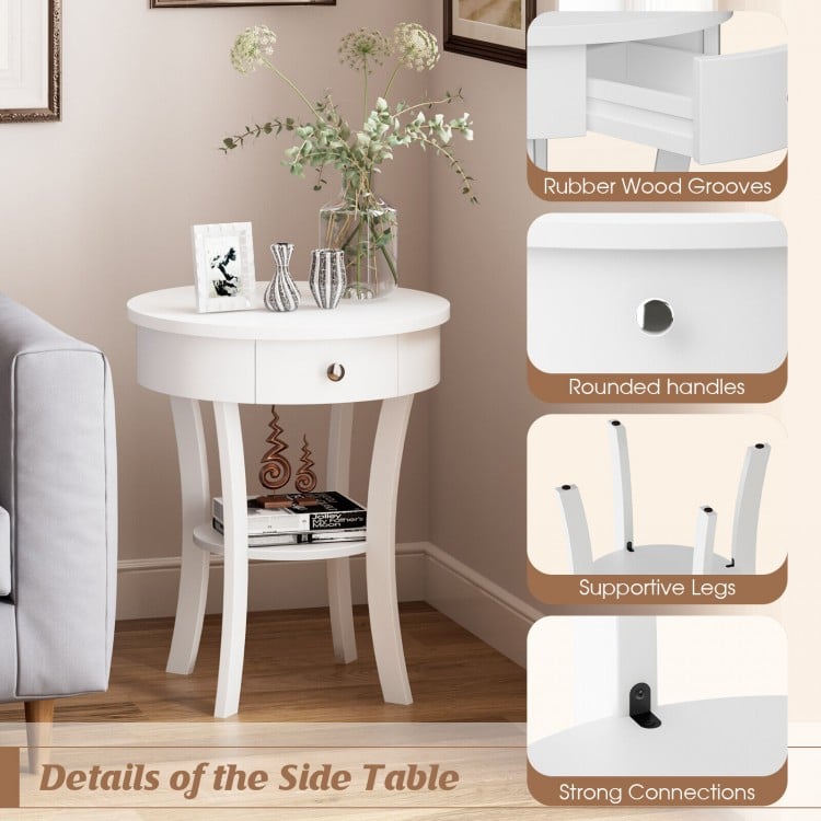 Round white end table with open drawer and shelf, made of MDF, perfect for bedside or living room use.